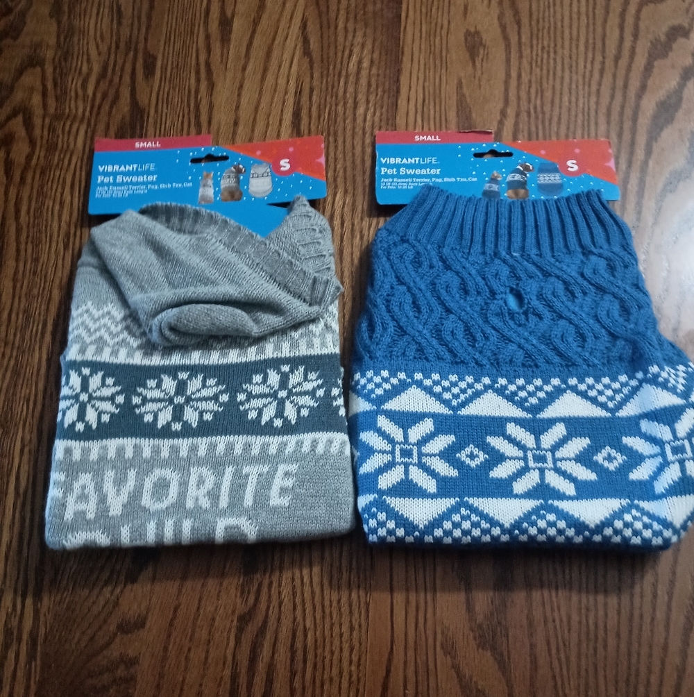 Two Vibrant Life Size Small Pet Sweaters- Gray and Blue